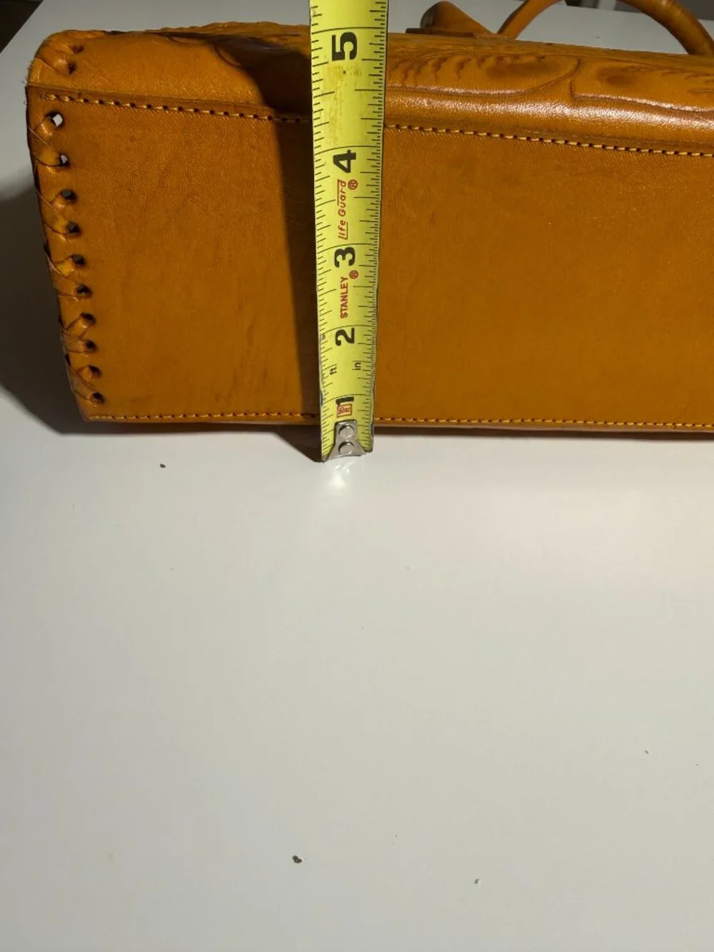 Alexis David Yellow Tooled Embossed Leather Handbag Purse Large Whipstitch NEW